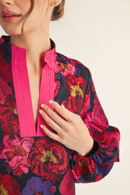 Jodifl Puff Sleeve Floral Midi Dress- Hot Pink Multi