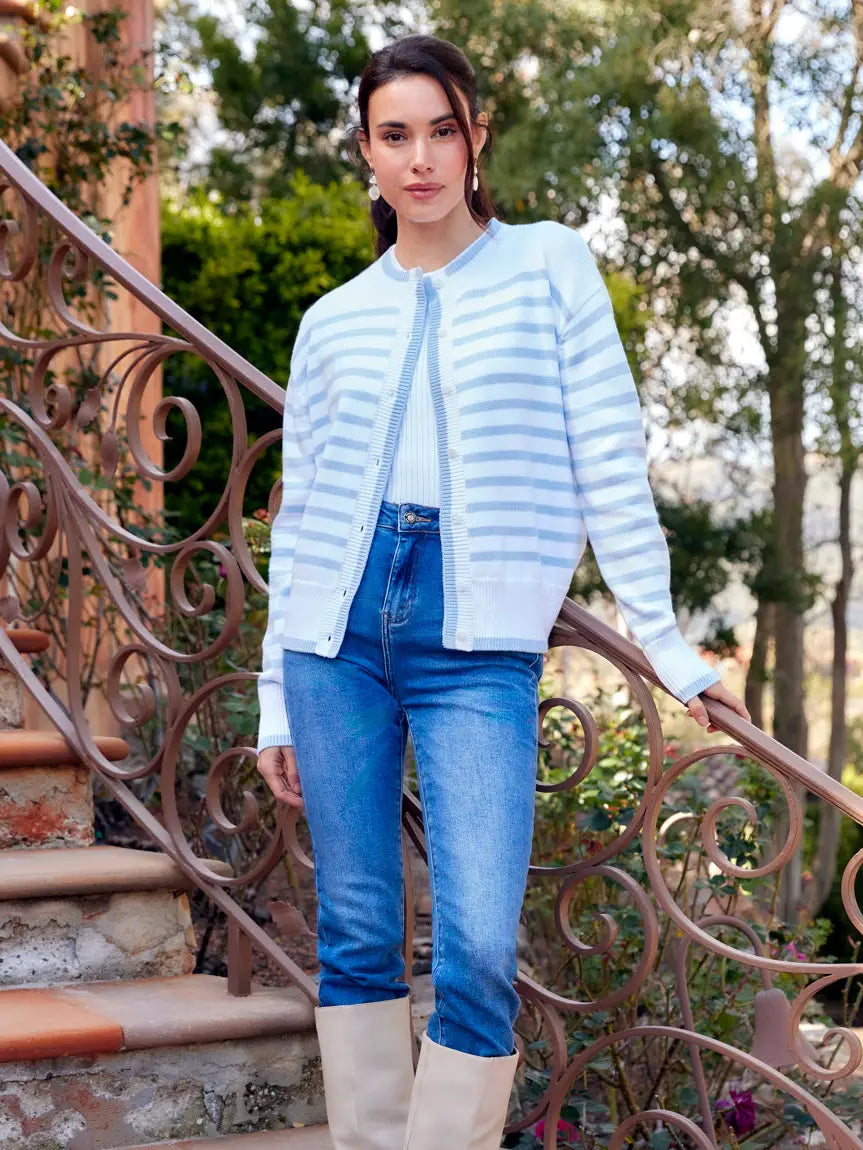 Karen Kane Blue Haze Stripe Cardigan Sweater
