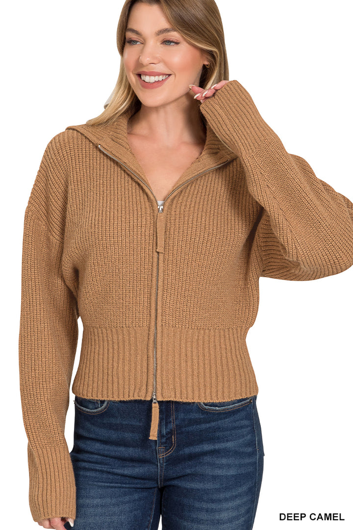 Zenana Deep Camel Collared Zip Up Sweater