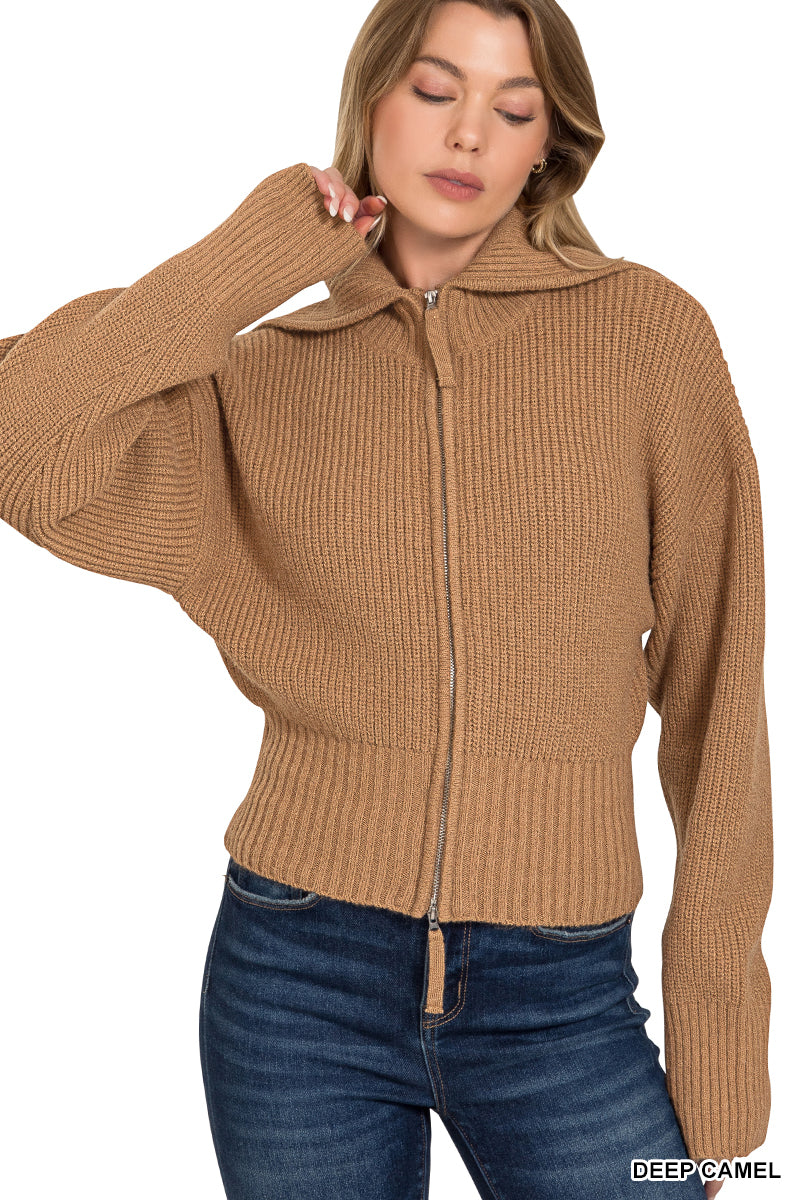 Zenana Deep Camel Collared Zip Up Sweater