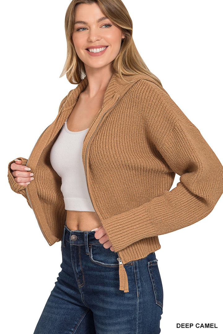 Zenana Deep Camel Collared Zip Up Sweater