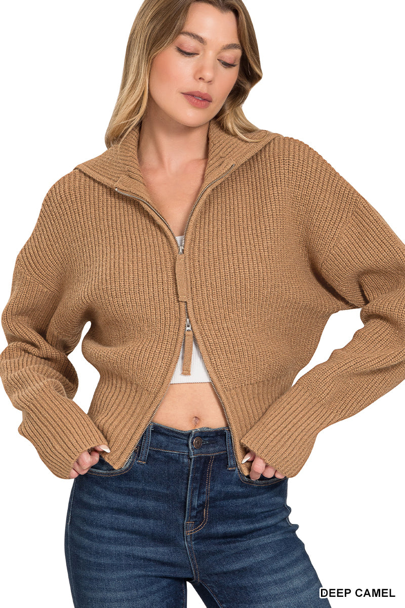 Zenana Deep Camel Collared Zip Up Sweater