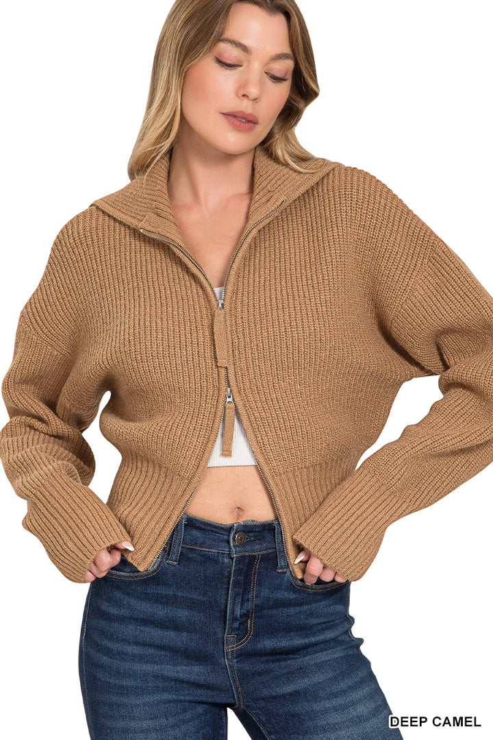 Zenana Deep Camel Collared Zip Up Sweater