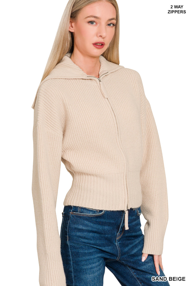 Zenana Sand Beige Collared Zip Up Sweater