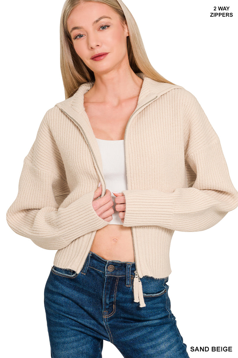 Zenana Sand Beige Collared Zip Up Sweater