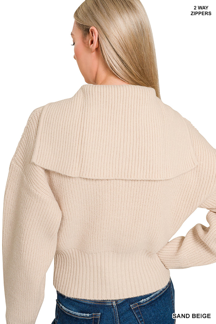 Zenana Sand Beige Collared Zip Up Sweater