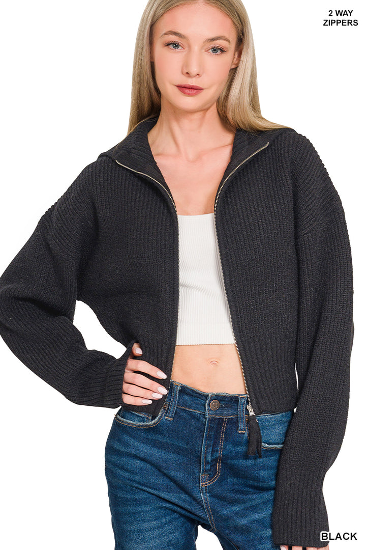 Zenana Black Collared Zip Up Sweater