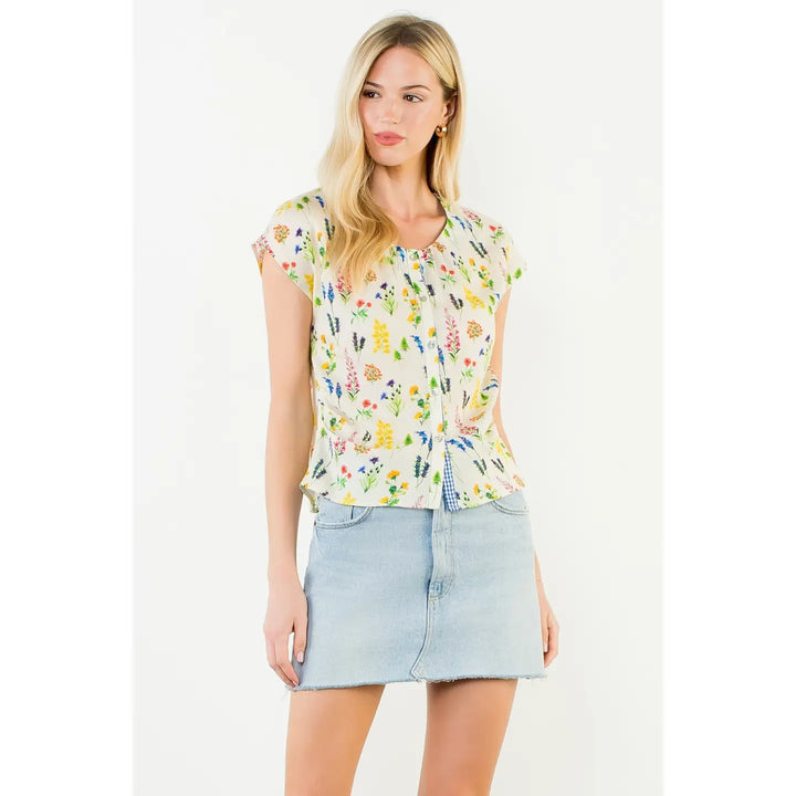 THML Short Sleeve Floral Pattern Button Down Top