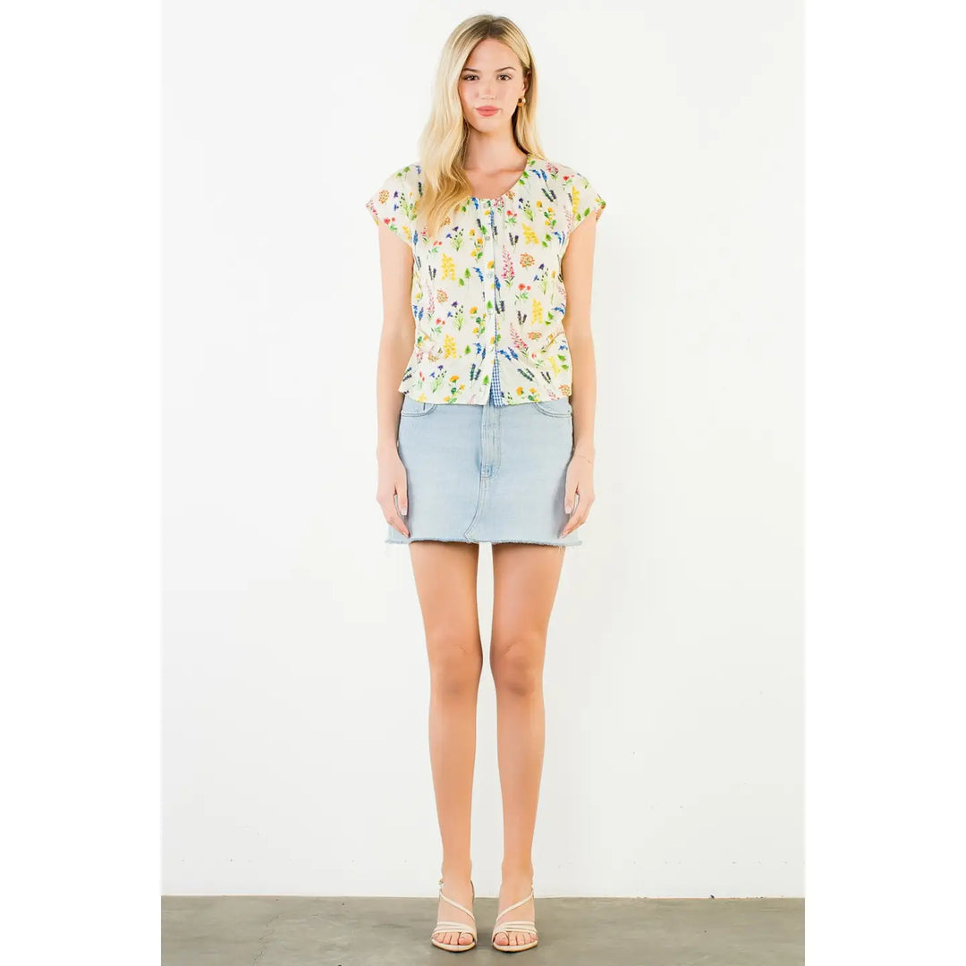 THML Short Sleeve Floral Pattern Button Down Top