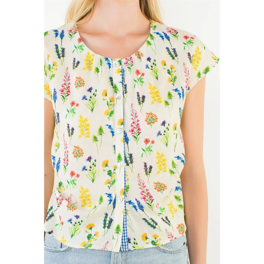 THML Short Sleeve Floral Pattern Button Down Top