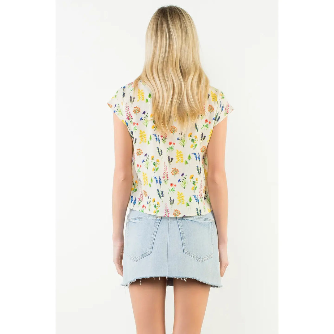 THML Short Sleeve Floral Pattern Button Down Top