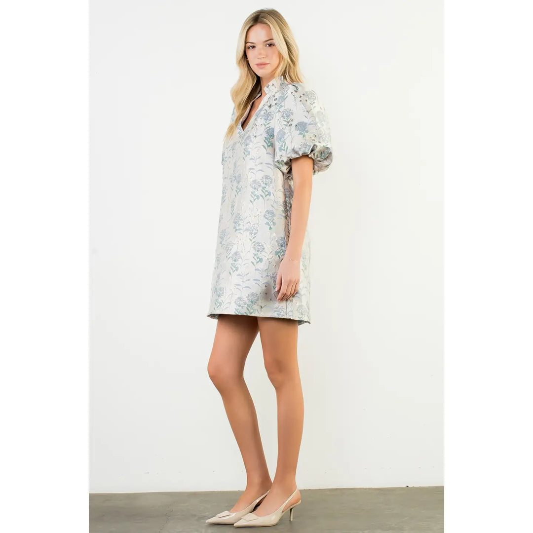 THML Puff Sleeve Floral Detail V-Neck Dress