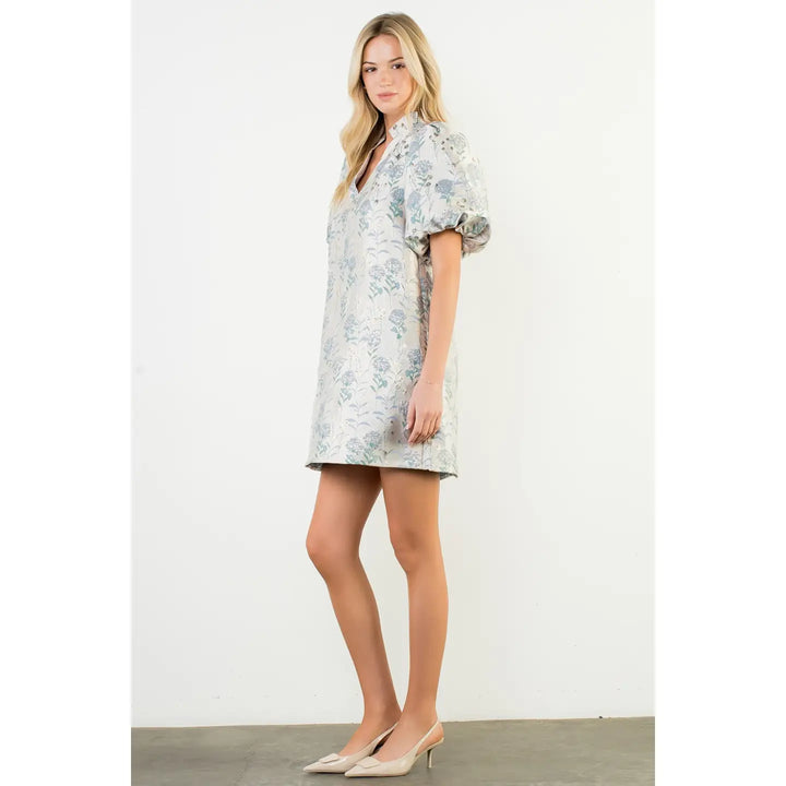 THML Puff Sleeve Floral Detail V-Neck Dress