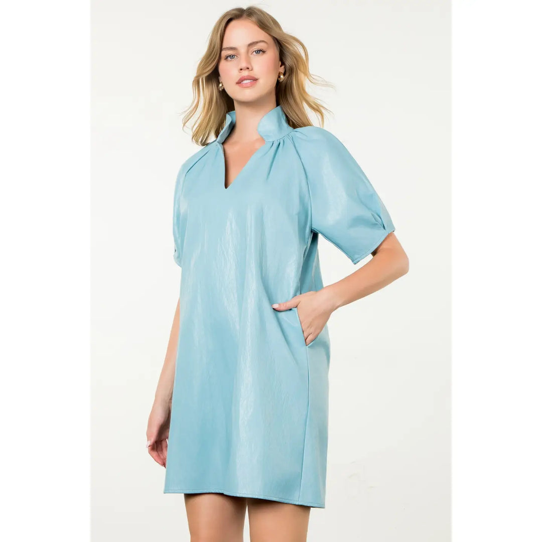 THML Short Sleeve Blue Leather Midi Dress