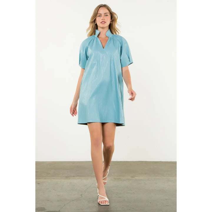 THML Short Sleeve Blue Leather Midi Dress