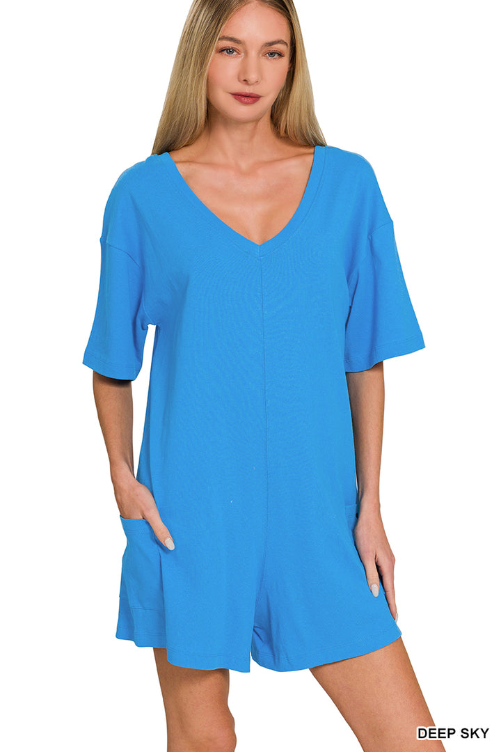 Zenana Deep Sky Reversible 2-Way Romper With Pockets