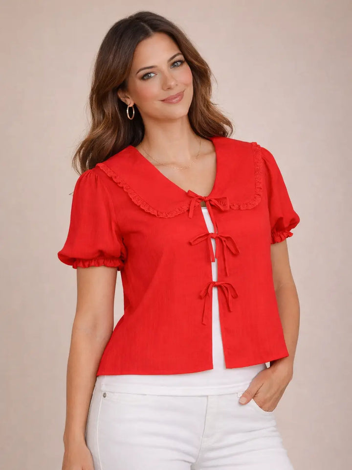 Pine Apparel Linen Front Tie Lace Trim Blouse