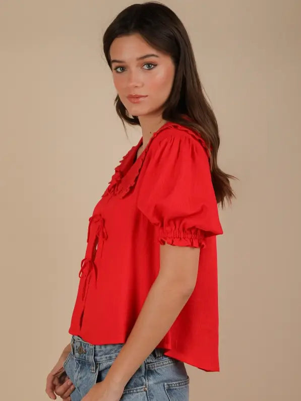 Pine Apparel Linen Front Tie Lace Trim Blouse