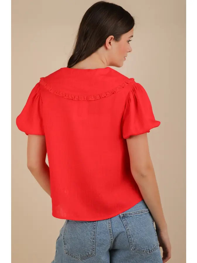 Pine Apparel Linen Front Tie Lace Trim Blouse