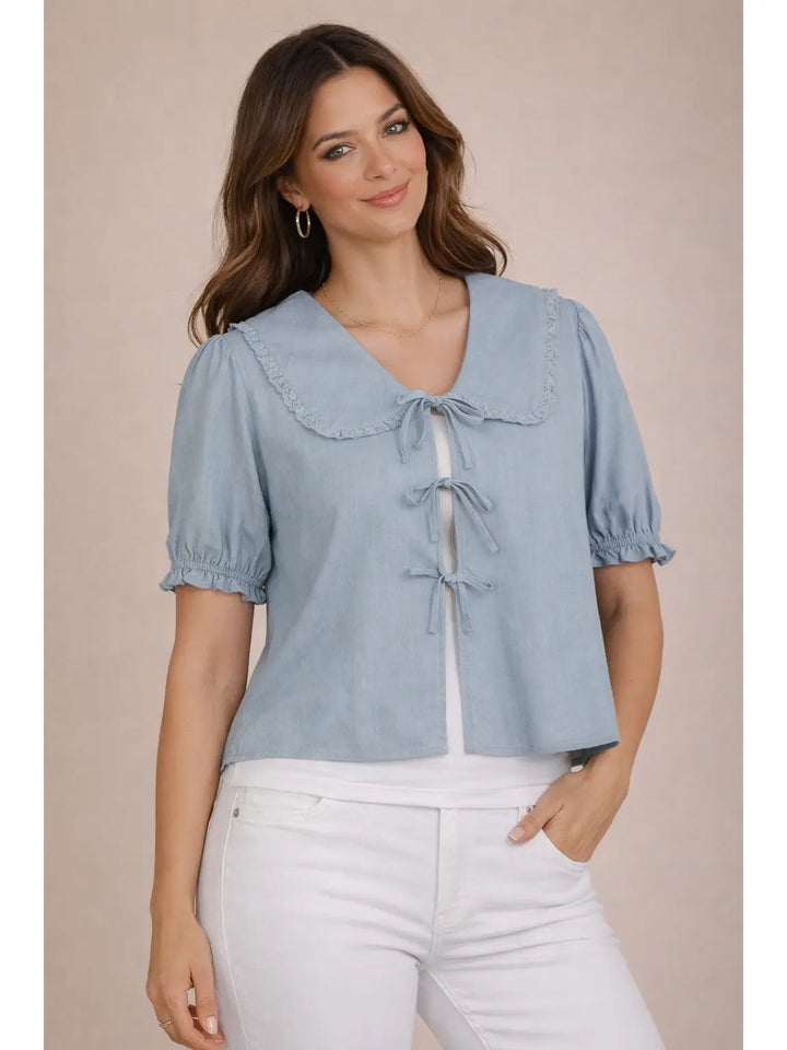 Pine Apparel Linen Front Tie Lace Trim Blouse