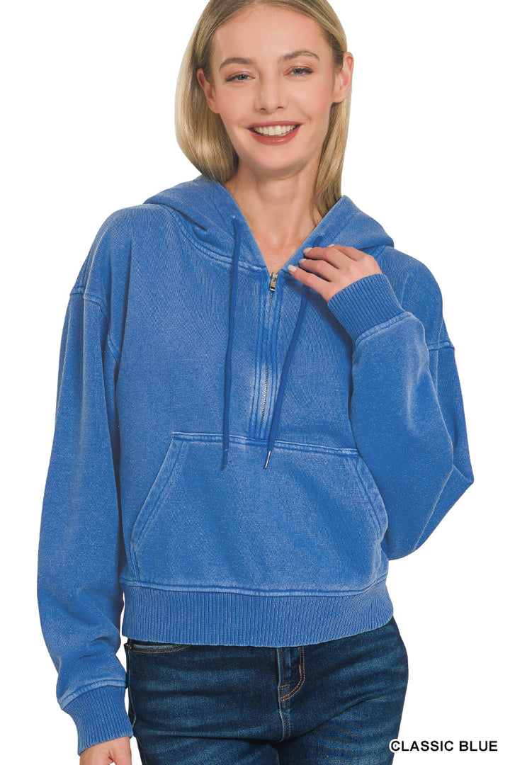 Zenana Half Zip Fleece Pigment Dye Kangaroo Pocket Hoodie