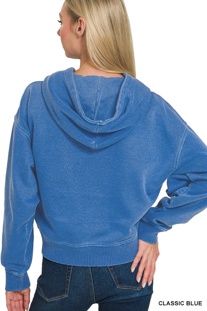 Zenana Half Zip Fleece Pigment Dye Kangaroo Pocket Hoodie