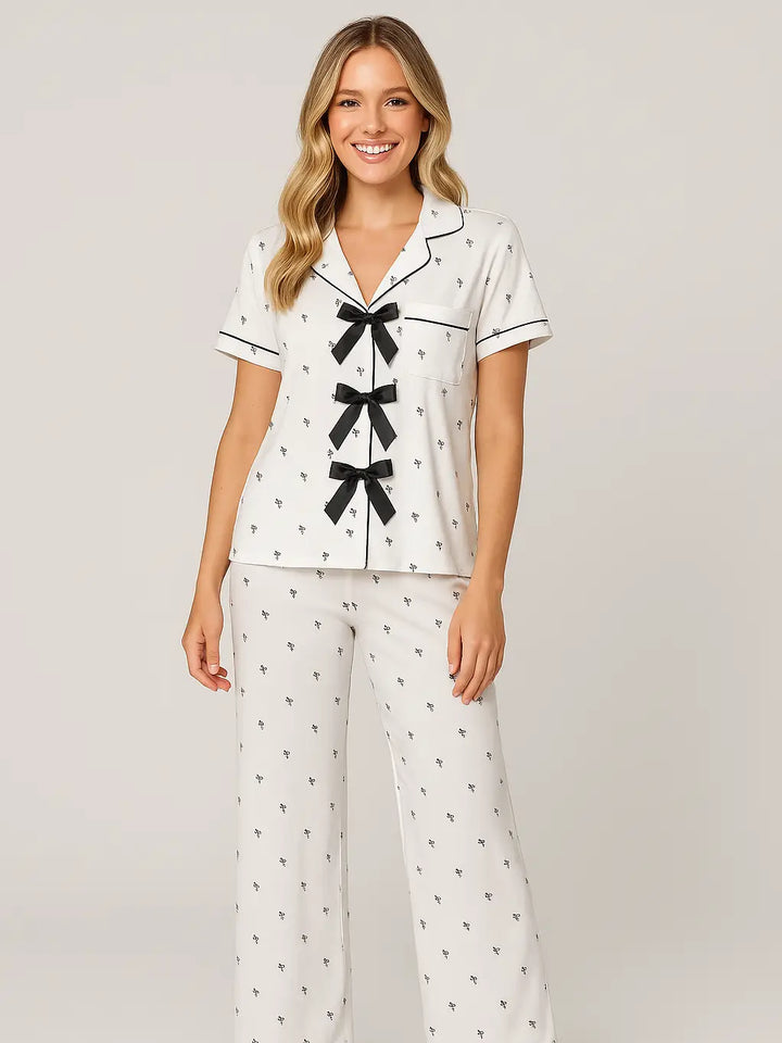 Pine Apparel Black and White Bow Pattern Pajama Set