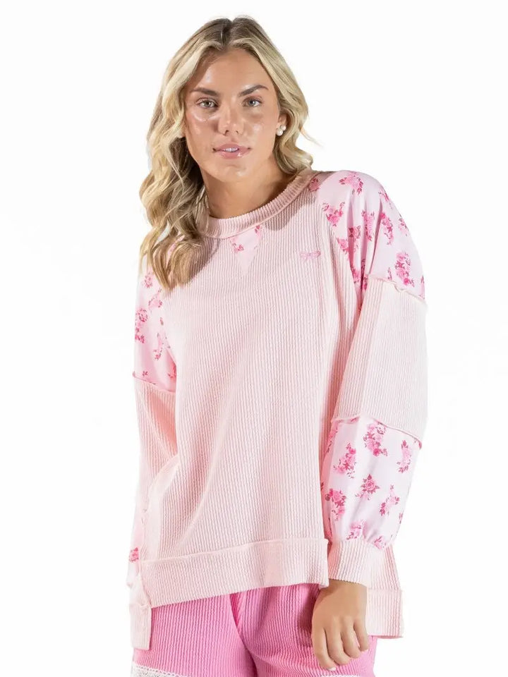 Simply Southern Pink Floral Patchwork Oversized Long Sleeve Shirt