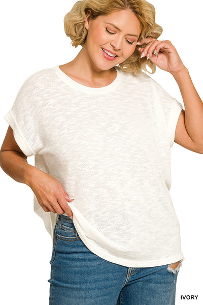 Zenana Plus Size Hacci Rolled Up Sleeve Tee