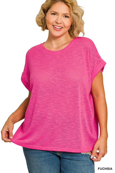 Zenana Plus Size Hacci Rolled Up Sleeve Tee