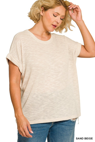 Zenana Plus Size Hacci Rolled Up Sleeve Tee
