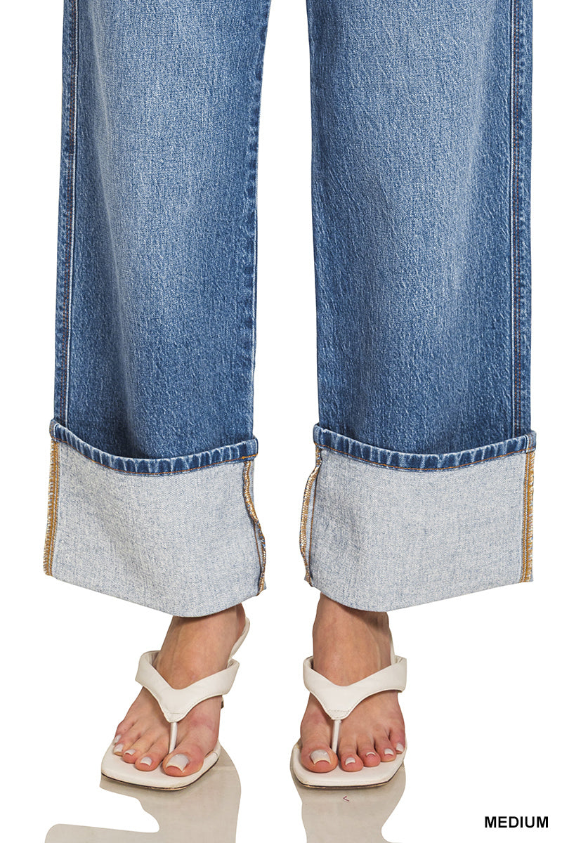 Zenana Medium Wash High-Rise Cuffed Wide-Leg Denim Pants