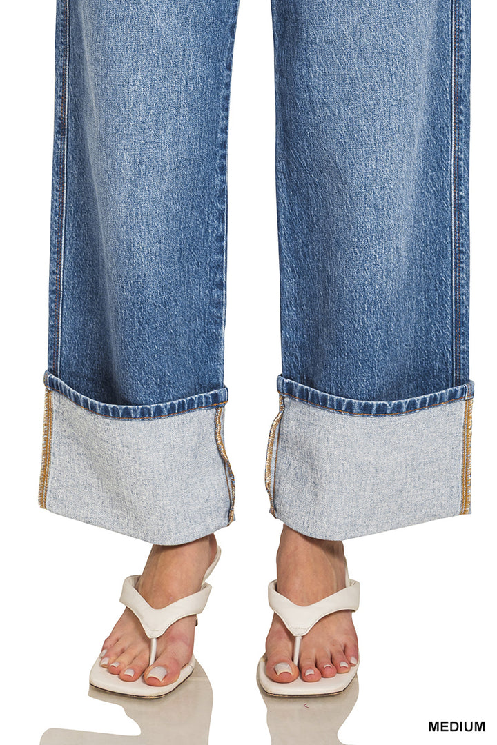 Zenana Medium Wash High-Rise Cuffed Wide-Leg Denim Pants