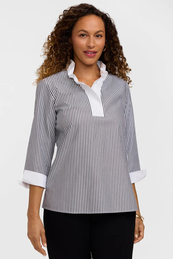 Foxcroft Tammy No Iron Pinpoint Striped 3/4 Sleeve Popover Shirt