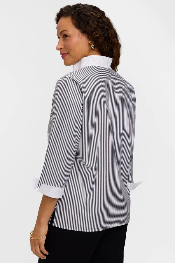 Foxcroft Tammy No Iron Pinpoint Striped 3/4 Sleeve Popover Shirt