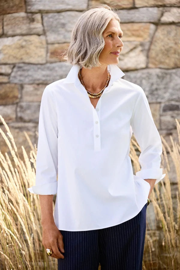 Foxcroft White Therese No Iron Stretch 3/4 Sleeve Popover Shirt