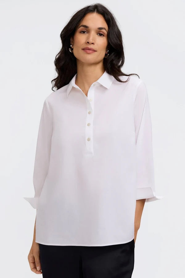 Foxcroft White Therese No Iron Stretch 3/4 Sleeve Popover Shirt