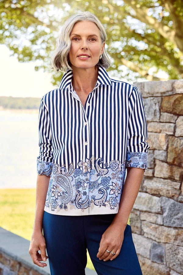 Foxcroft Jodie Stripe Paisley Long Sleeve Short Shirt