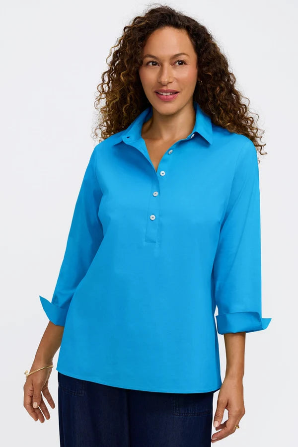 Foxcroft Malibu Blue Therese No Iron Stretch 3/4 Sleeve Popover Shirt