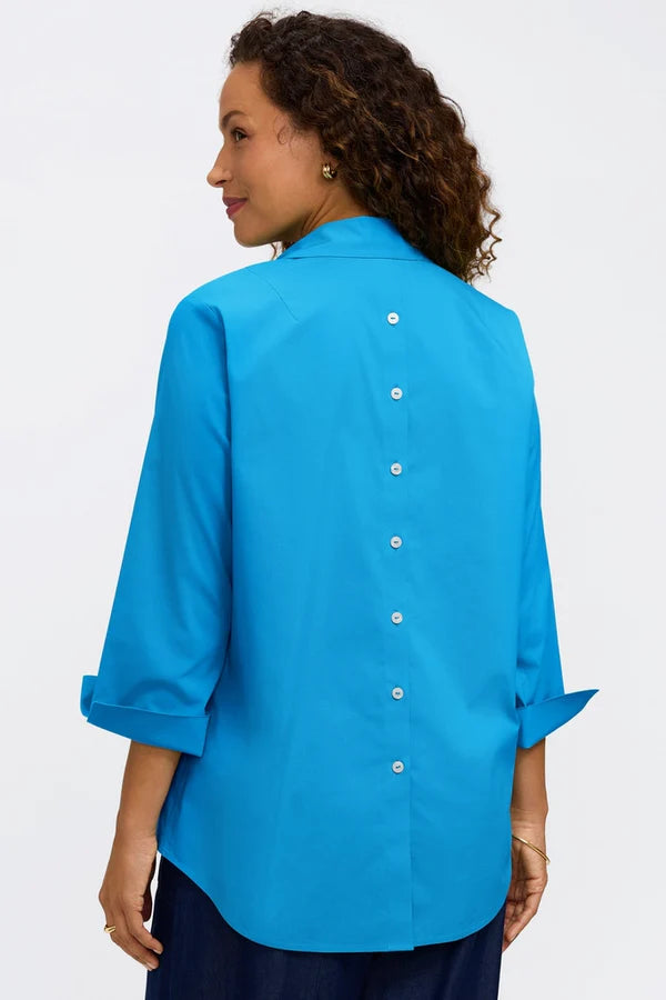 Foxcroft Malibu Blue Therese No Iron Stretch 3/4 Sleeve Popover Shirt
