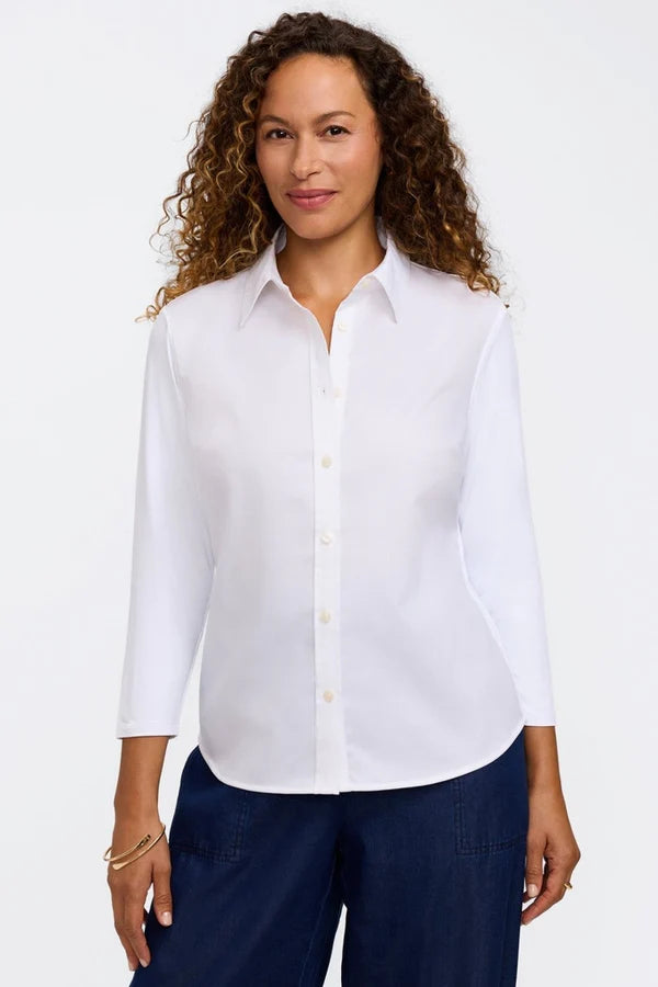 Foxcroft White Dina Knit-Woven 3/4 Sleeve Layering Shirt