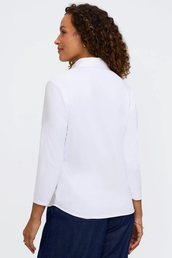 Foxcroft White Dina Knit-Woven 3/4 Sleeve Layering Shirt