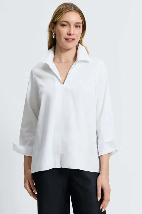 Foxcroft White Agnes No Iron Stretch Long Sleeve Popover Shirt
