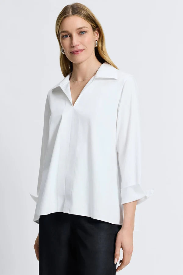 Foxcroft White Agnes No Iron Stretch Long Sleeve Popover Shirt