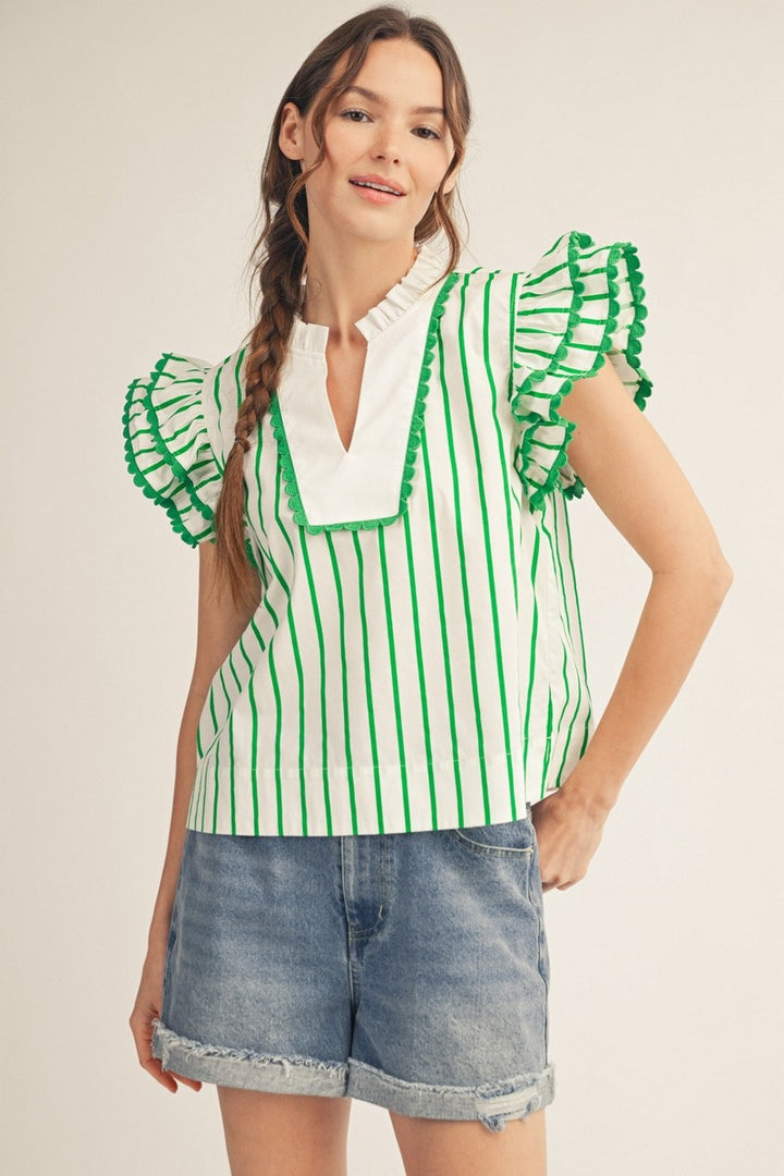 Jodifl Kelly Green Layered Ruffle Sleeve Striped Top