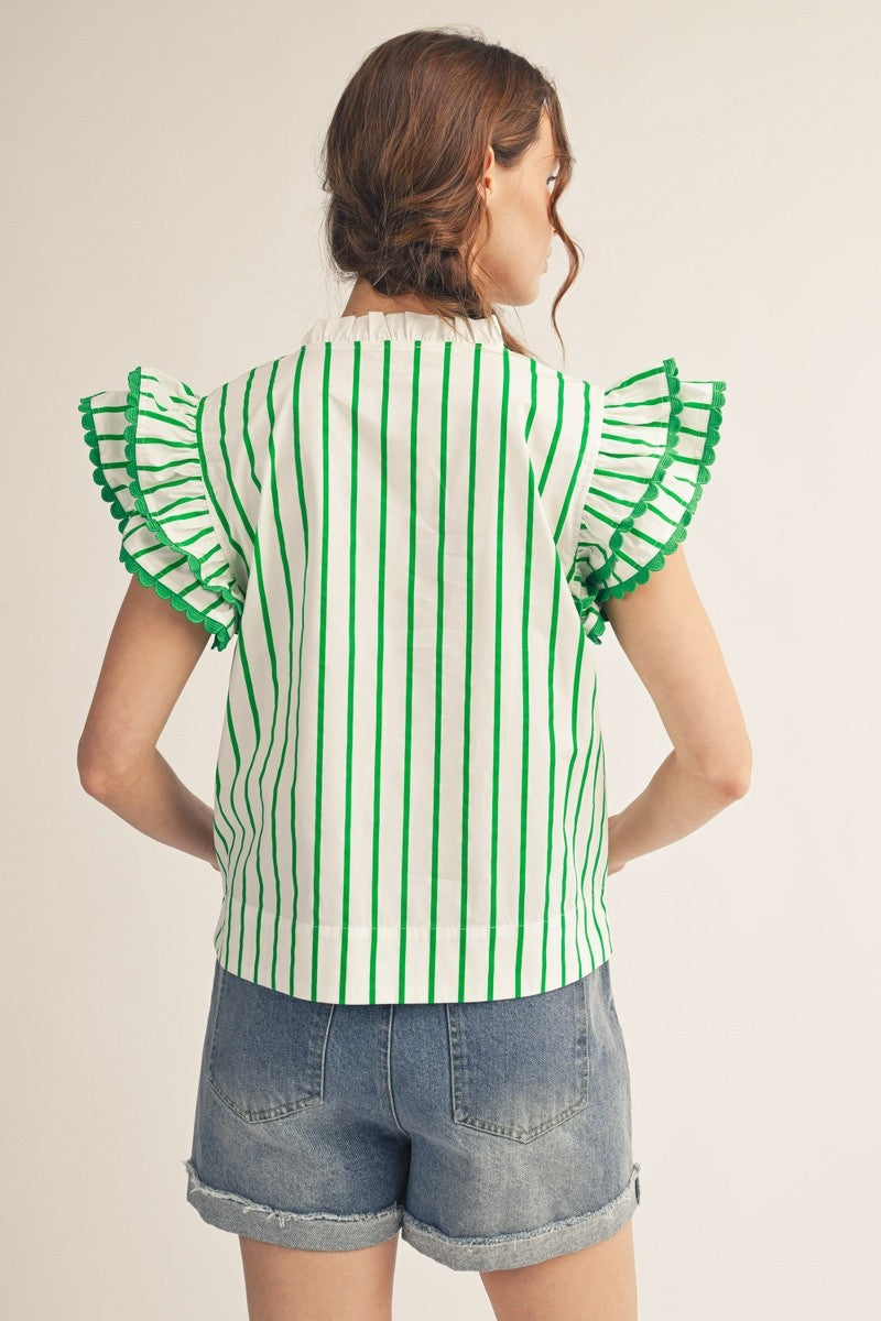 Jodifl Kelly Green Layered Ruffle Sleeve Striped Top