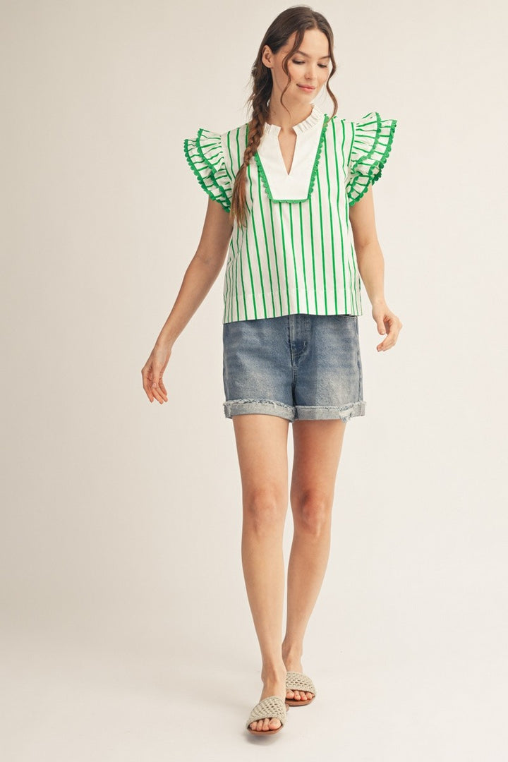 Jodifl Kelly Green Layered Ruffle Sleeve Striped Top