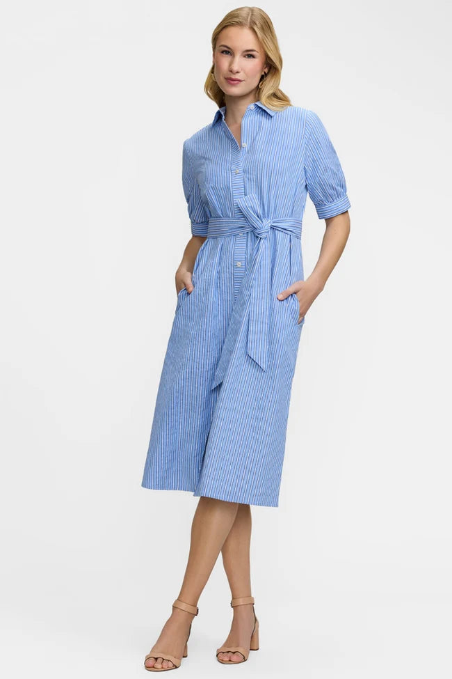 Foxcroft Esther Blue Seersucker Elbow Sleeve Dress