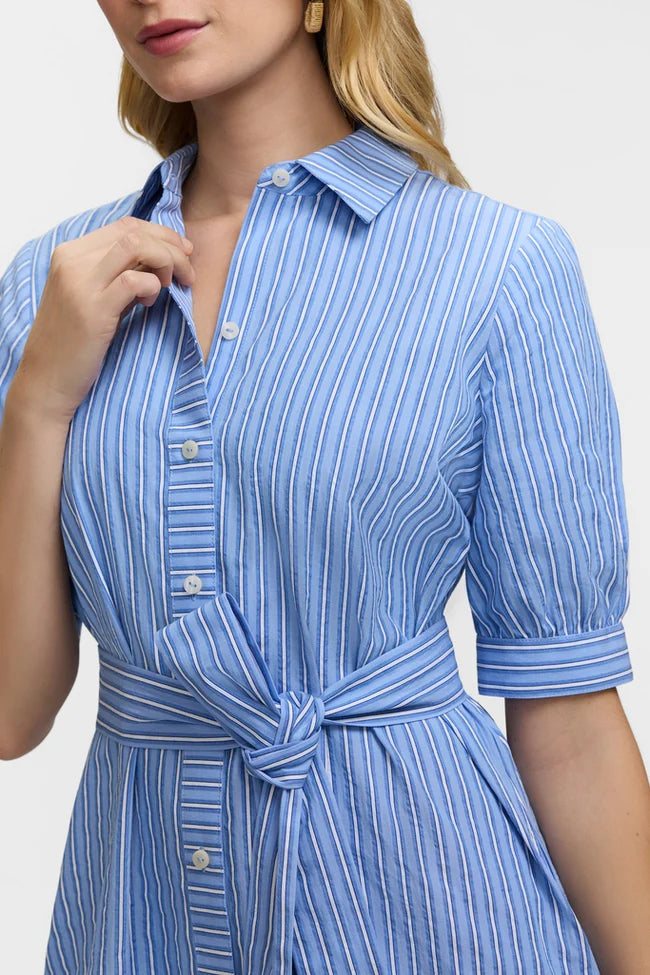 Foxcroft Esther Blue Seersucker Elbow Sleeve Dress