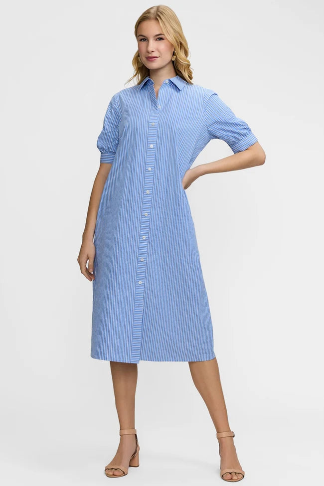 Foxcroft Esther Blue Seersucker Elbow Sleeve Dress